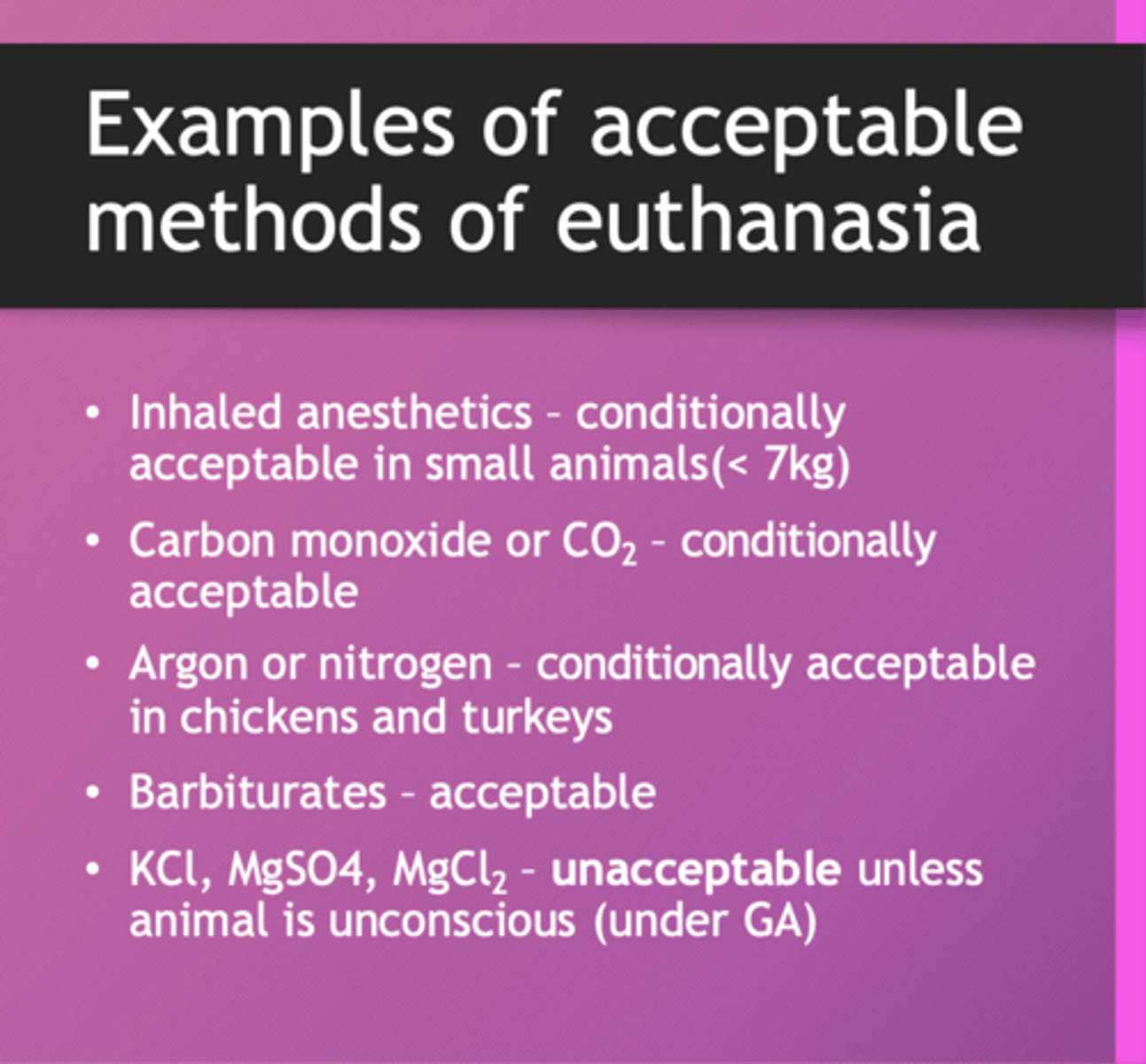 <p>what are the AVMA classifications of euthanasia</p>