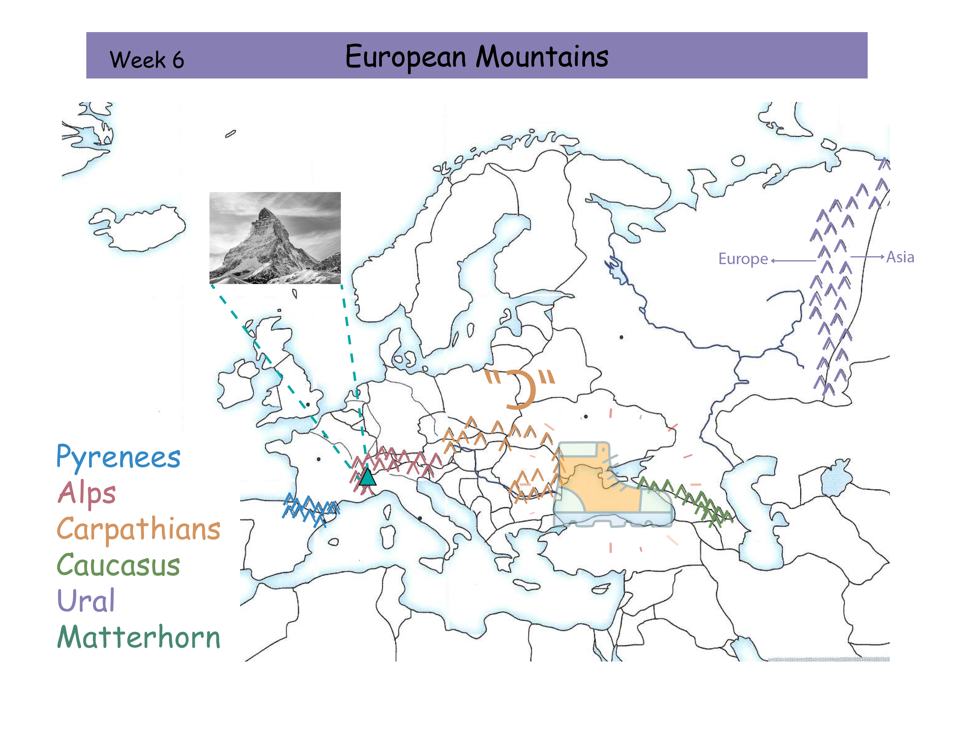 <p>Ural Mountains separate Asia and Europe. Purple Outline.</p>