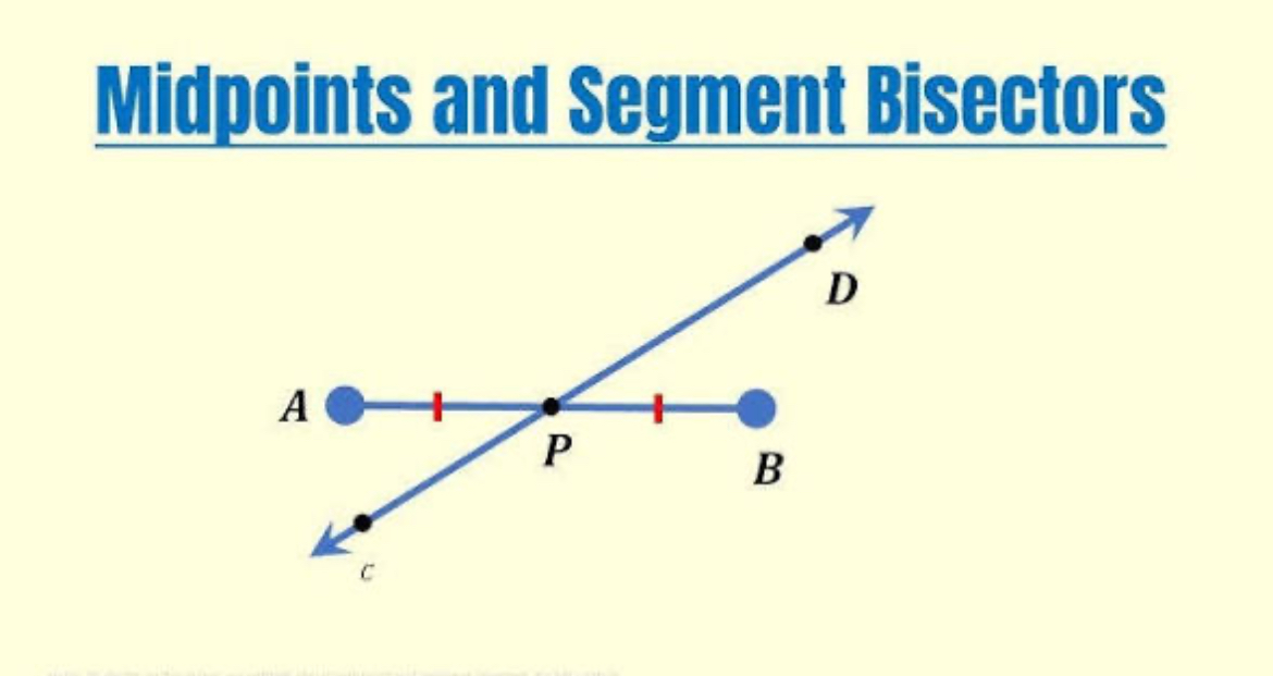 <p>Line that cuts a <strong><em>segment </em></strong>exactly in half</p><p>Line bisects AB</p>