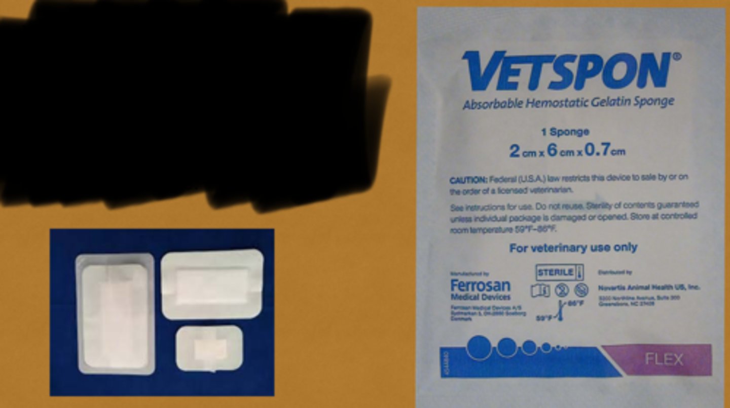 <p>Vetspon are absorbable, water insoluble porcine gelatin sponges used for hemostasis. They are malleable and applied to control oozing bleeds during surgery.</p><p>Gelatin is more effective at inducing clots than cellulose.</p>