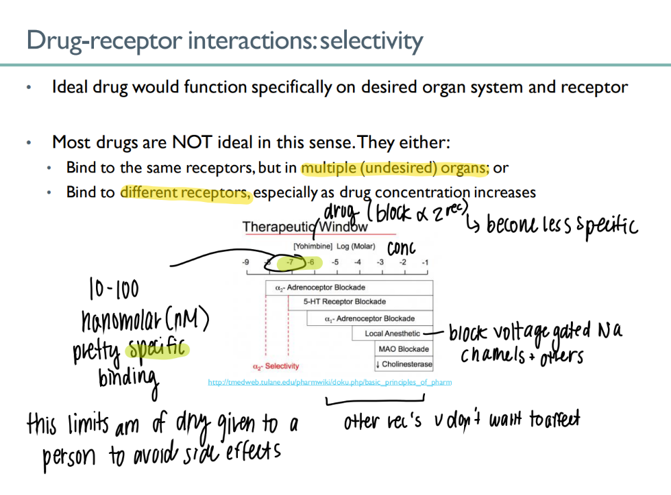 <p>certain RANGE of drug conc to get EXACT effect </p><p>(in this case, the small highlighted region) </p><p>else get SIDE effects </p>