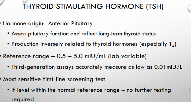 <p>note this is a special chemistry panel</p><p>nah this is a good screening and testing tool</p><p>low-HYPER low-hyper-check </p><p><span>• Use</span><br><span>• Screening</span><br><span>• Therapeutic monitoring</span><br><span>• Hypothyroidism – normalization of TSH within age-specific reference range =</span><br><span>effectiveness of thyroid hormone replacement</span><br><span>• Essential for monitoring suppression therapy in patients with a TSH-responsive</span><br><span>thyroid tumor</span><br><span>• If, TSH is outside of the reference range = a free T4 is obtained</span></p>