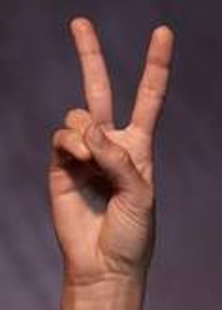 <p>Ring and little finger fold against the palm, held down by thumb, index and middle finger are straight and spread to form a "V" shape.</p>