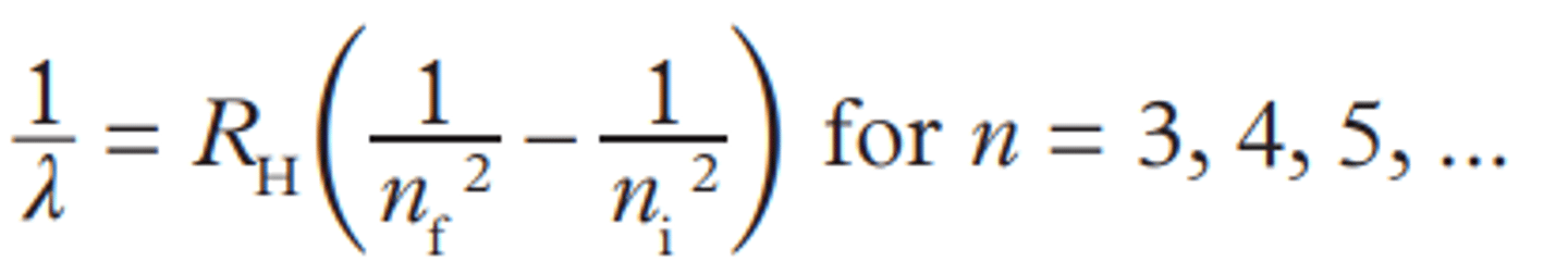 <p>Is used to calculate the wavelength required to make an electron jump a certain amount of orbitals.</p><p>Where:</p><p>RH = 1.097 * 10^7 1/m</p><p>nf = the final orbital the electron was in</p><p>ni = the intial orbital the electron was from</p>