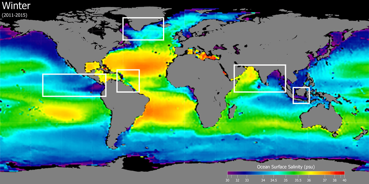 <p><span>Higher salinity is found in the <mark data-color="rgba(0, 0, 0, 0)" style="background-color: rgba(0, 0, 0, 0); color: inherit;">subtropical high-pressure zones</mark> due to high evaporation and low rainfall, while lower salinity is found in the Arctic regions and near the equator from high rainfall and melting ice</span></p>