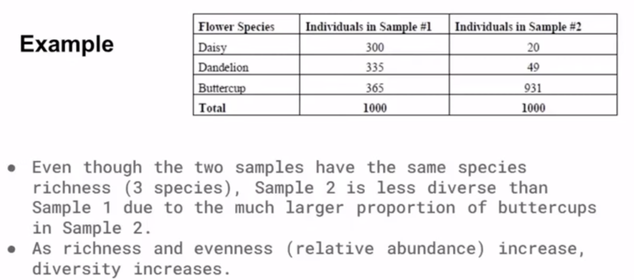 <p>Based on species richness (number of different species) and relative abundance (proportion of each species in a community). the higher the biodiversity, the greater its resilience to environmental change</p>