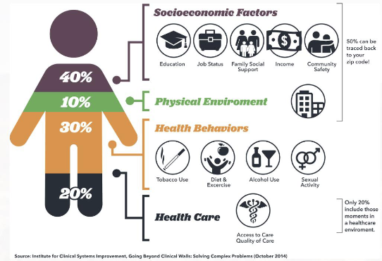 <ul><li><p><span>“The complex interactions between biological and social elements and their influence on health”<br>(Raingruber, 2017, p. 98)</span></p></li><li><p><span>Medical Factors</span></p><ul><li><p><span>Biologic</span></p><ul><li><p><span>Age</span></p></li><li><p><span>Gender</span></p></li><li><p><span>Infection</span></p></li></ul></li><li><p><span>Genetic</span></p><ul><li><p><span>Family</span></p></li><li><p><span>Origins</span></p></li><li><p><span>Race</span></p></li><li><p><span>Genetic predisposition</span></p></li></ul></li></ul></li><li><p><span><span>Non-medical factors</span></span></p><ul><li><p><span><span>Behaviors, lifestyle</span></span></p></li><li><p><span><span>Education</span></span></p></li><li><p><span><span>Employment</span></span></p></li><li><p><span><span>Reliable transportation</span></span></p></li><li><p><span><span>Public safety</span></span></p></li><li><p><span><span>Language and literacy</span></span></p></li><li><p><span><span>Culture</span></span></p></li></ul></li></ul><p></p>