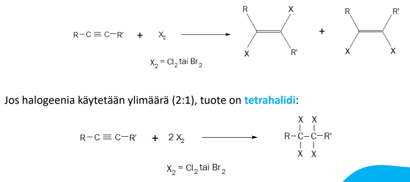 <p>sama määrä: cis-trans isomeerinen seos </p><p>2:1 muodostuu tetrahalidi </p><p></p>