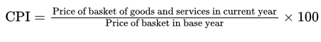 <p>Base Year, (Price Of Basket Goods/Services In Current Year/ Price Of Basket In Base Year) * 100</p>