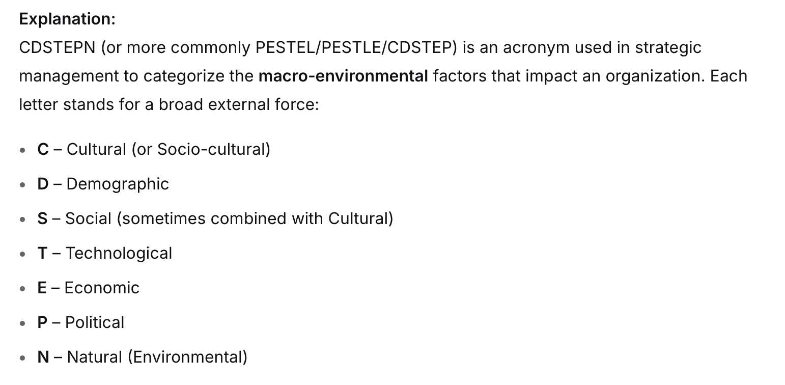 C) The major external factors that shape the “big picture” context in which organizations compete