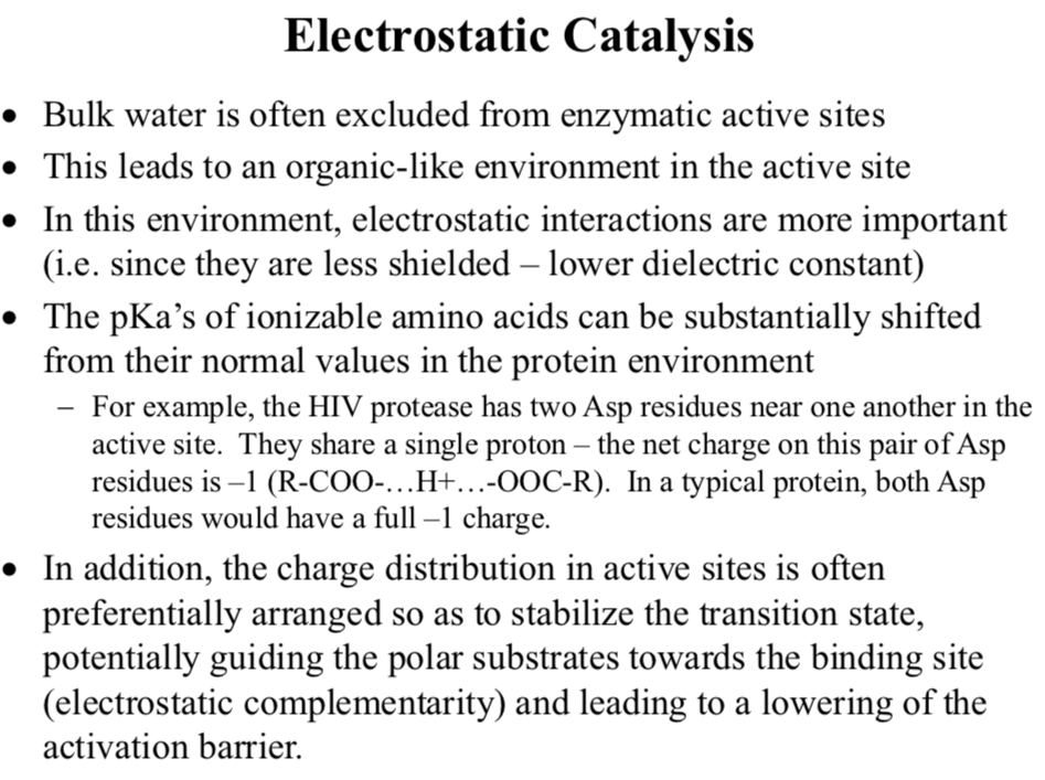 <p>Electrostatic Catalysis</p><ul><li><p>Bulk water is often excluded from enzymatic active sites</p></li></ul><p></p>
