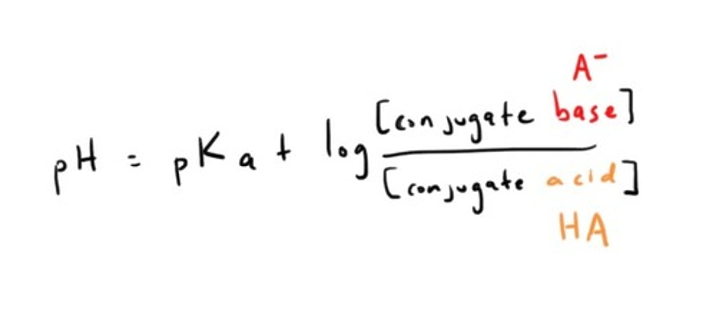 <p>pH = pKa + log [A-]/[HA]</p><p>(base over acid)</p>