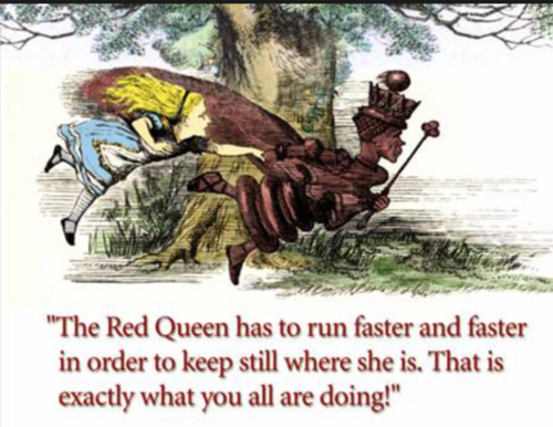 -hypothesis stating that species must constantly adapt, evolve, and proliferate (increase) in order to survive while pitted against ever-evolving opposing species.
-frames evolution as a race
-We run so fast to stay in the same place with each other