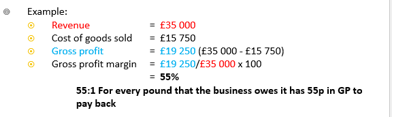 <ul><li><p><strong><mark>Gross profit / revenue X 100 </mark></strong></p></li></ul><p></p><ul><li><p><strong><mark>GP / R X 100 </mark></strong></p></li></ul><p></p>