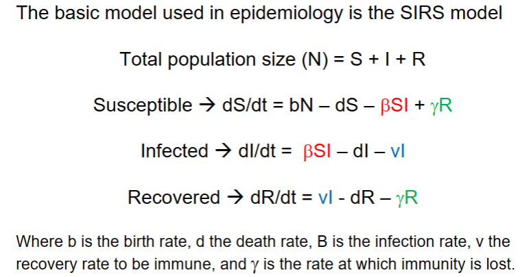 <p>(susceptible, infected, or recovered – see upcoming examples) In this case, the abundance of the parasite (measles) in the host is ignored and instead we use is the number of infected people (like a metapopulation model</p>