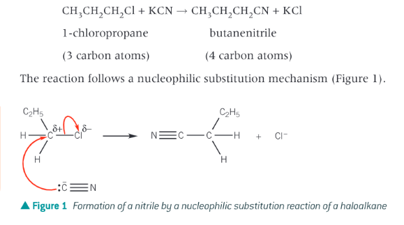 <p>by reacting haloalkanes with sodium cyanide, NaCN or potassium cyanide, KCN, in ethanol. In this reaction the length of the carbon chain is increased </p>