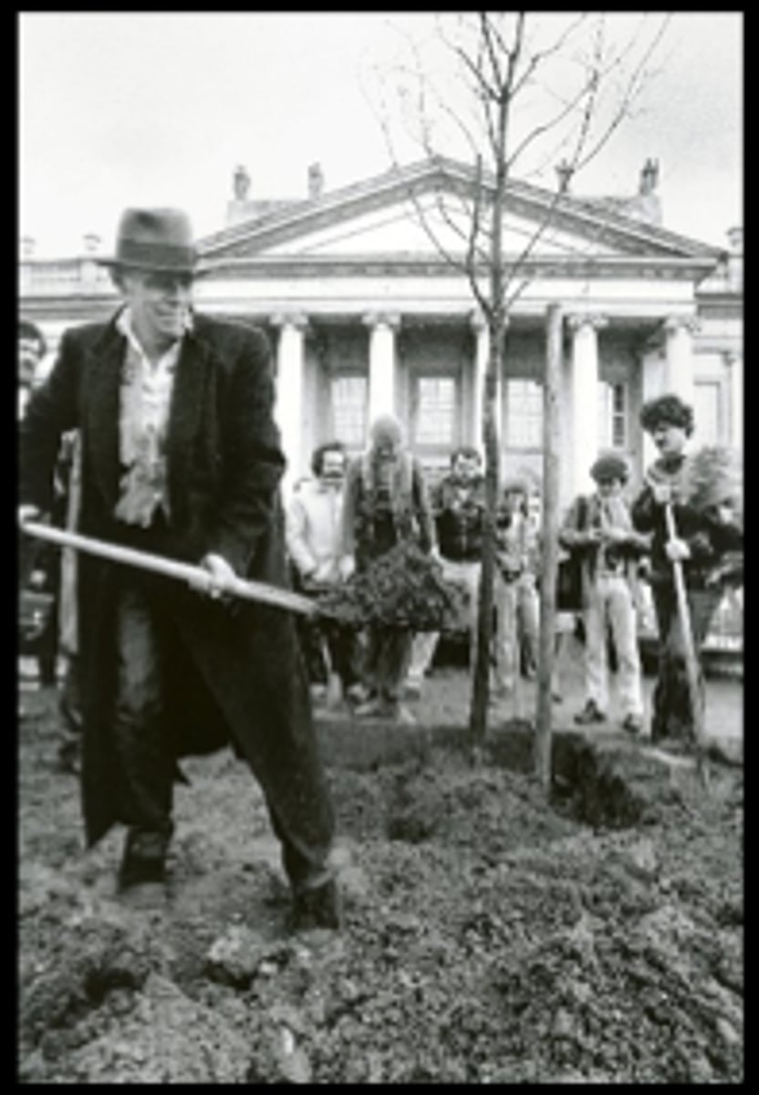 <p>Title: 7000 Oaks</p><p>Time: 1980s.</p><p>Known for:</p><ul><li><p>A land art and <strong>environmental project</strong> that involved planting <strong>7000 oak trees</strong>, each tree was accompanied by a <strong>stone column</strong>, symbolizing the idea of <strong>growth, regeneration</strong>, and <strong>human responsibility toward the environment.</strong></p></li><li><p> <strong>Nature and culture</strong> must coexist in harmony.</p></li><li><p>The trees, growing over time, represent <strong>renewal and hope</strong> for the future, underscoring Beuys' commitment to <strong>ecology, community</strong>, and the <strong>intersection of art and social change</strong>.</p></li></ul><p></p>