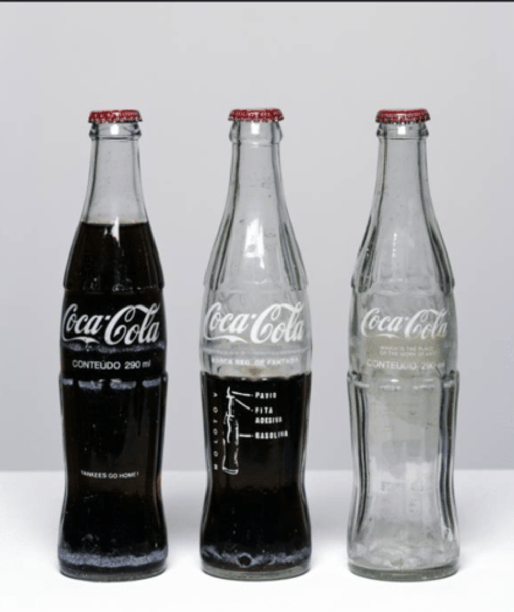 <p>Title: Coca-Cola Project</p><p>Time: 1970s.</p><p>Known for:</p><ul><li><p>A form of <strong>conceptual and political art</strong> that critiqued consumerism and authoritarianism during Brazil's military dictatorship.</p></li><li><p>Subversive messages on consumer goods</p></li><li><p>Critiques capitalism and ideology.</p></li></ul><p></p>