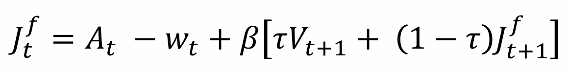<p>The value of a filled vacancy is equal to the productivity of the worker in the job, less the wage paid to the worker, and accounting for the probability that the match will breakdown by the end of the period and become vacant, or that the match continues in the next period and remains filled</p>