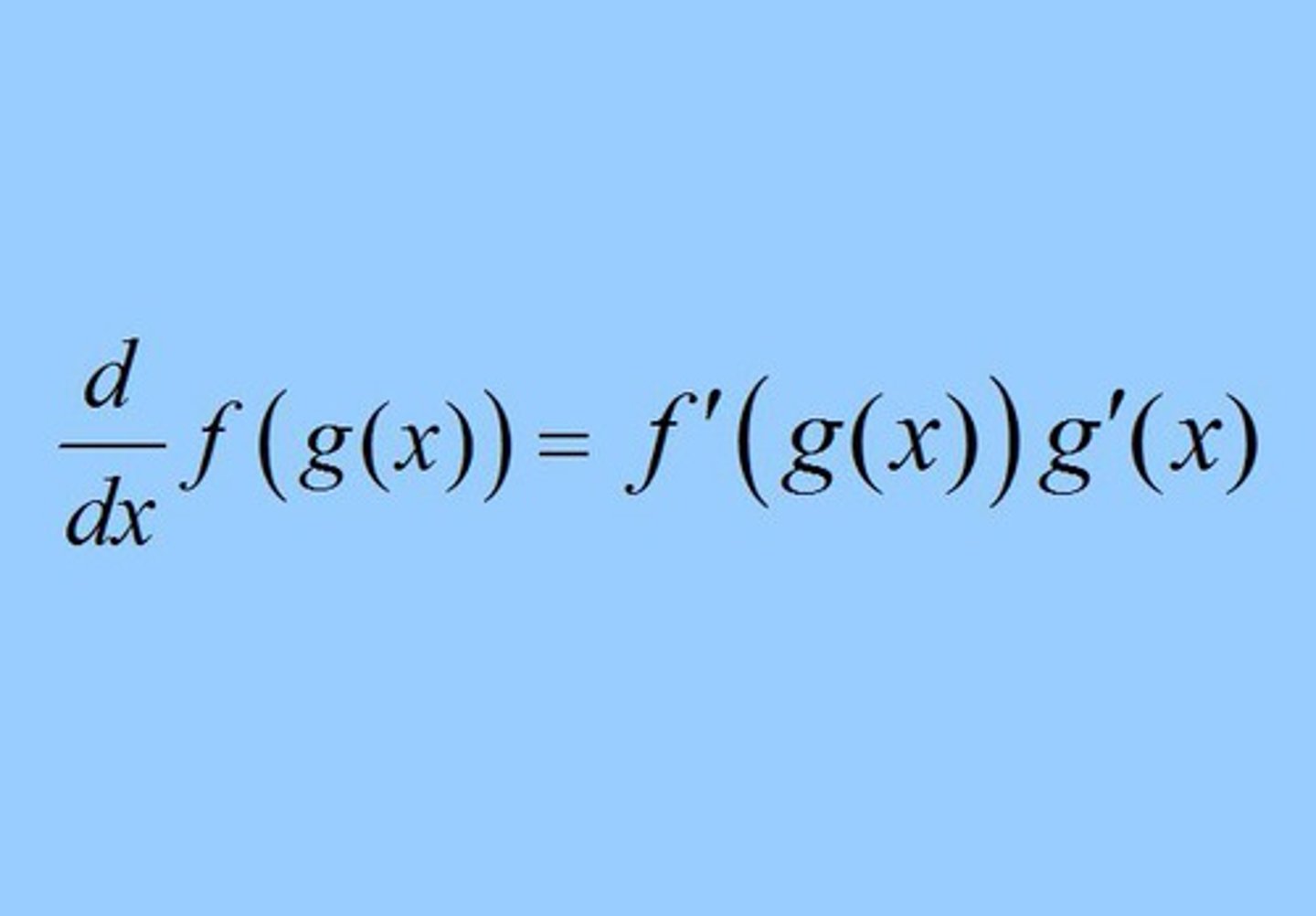 <p>f '(g(x)) g'(x)</p><p>inside function derivative * outside function derivative</p>