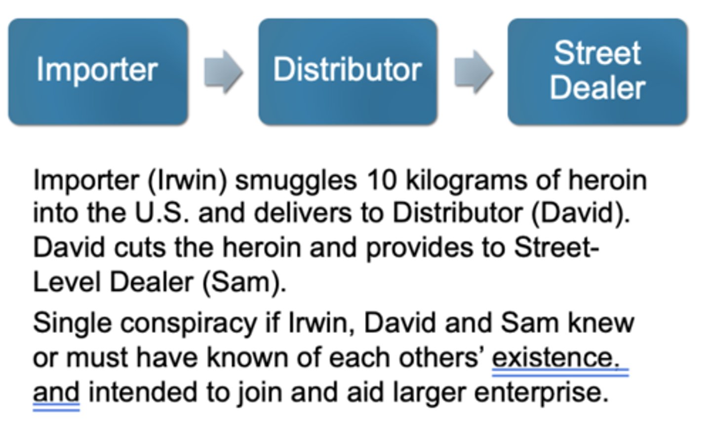 <p>Conspirators participate in a single conspiracy by performing different roles along a single distribution line. Each conspirator plays a different role at her stage of the criminal plan.</p>