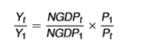 <ul><li><p>1 is the base year </p></li><li><p>P1/Pt is the ratio of the GDP deflator </p></li><li><p>as the index is <em>t</em>, we are measuring across time </p></li><li><p>we would change the index to <em>i</em> if we were wanting to measure across countries </p></li><li><p>real GDP growth from period 1 to period t depends on P1/Pt (GDP price deflator) </p></li></ul><p></p>