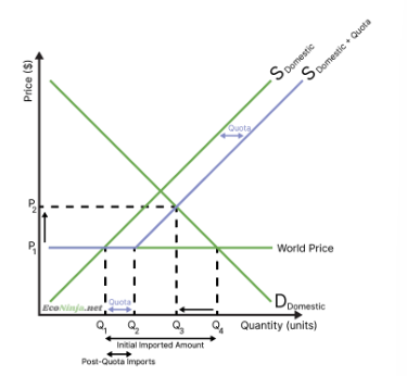 <ul><li><p>before the quota domestic producers were willing and able to supply Q1, but consumers were demanding Q4, so imports were Q1→Q4, and the price was P1</p></li><li><p>after the quota, imports are restricted to a certain amount (Q1→Q2), and domestic producers have to produce the rest of the demand, so they can ask for equilibrium prices.</p></li><li><p>this equilibrium meets at (q3, p2)</p></li><li><p>domestic producers now produce q3, and consumers also demand this</p></li><li><p>foreign producers are only allowed to export q1→q2</p></li></ul><p></p>