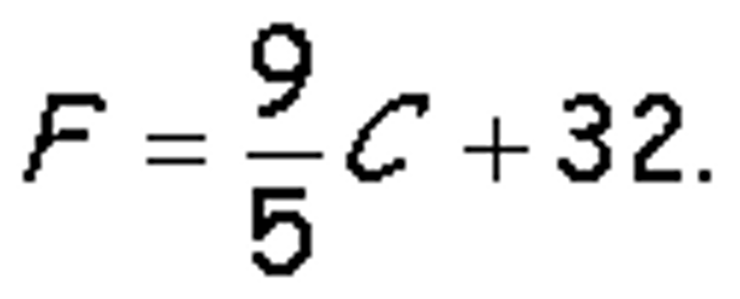 <p>F = ( C x 9/5) + 32</p>