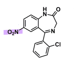 <ul><li><p>pharmacophore: 1,4-benzodiazepines&nbsp;</p></li><li><p>nitrogen dioxide (EWG)@ C7 → increases lipophilicity and binding affinity&nbsp;</p></li><li><p>benzene @ C5 → increases lipophilicity and CNS conc&nbsp;</p><ul><li><p>with<strong> ortho</strong>&nbsp;Cl substituent → enhances binding affinity&nbsp;</p></li></ul></li><li><p>secondary amine&nbsp;</p><ul><li><p>metabolized primary amine which is NOT active</p></li></ul></li></ul><p></p>