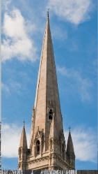 <p><span>originated in the 12th century as a <strong>simple, four-sided pyramidal roof, generally abrupt and stunted, capping a church tower</strong>. </span></p>
