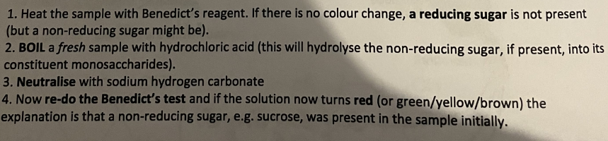 <p>N-RS EG: SUCROSE</p><ol><li><p>1. Heat with acid and neutralise; Accept boil/water bath for heat Accept named alkali for neutralise Accept named examples, eg HCl, NaHCO3.</p></li><li><p>Heat with Benedict's (solution).</p></li><li><p>Red precipitate/colour; Accept other colours eg orange/ brown/green.</p></li></ol><p></p>