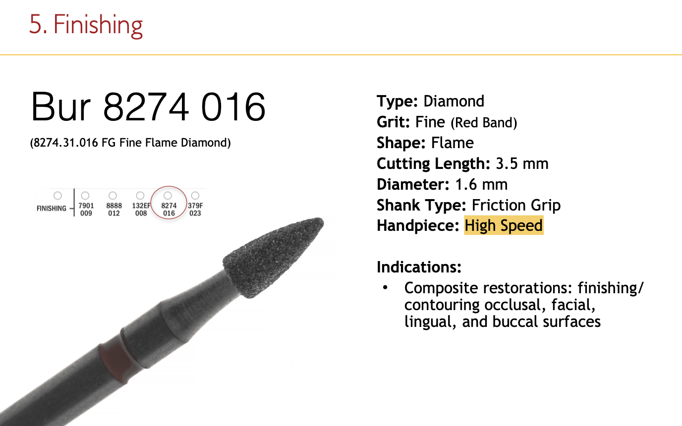 <p>– Flame diamond 1.6 mm, fine (red). Composite finishing occlusal, facial, lingual, buccal, high speed <strong>(best for finishing occulsal)</strong></p><p><strong>diameter: 1.6</strong></p><p><strong>cut: 3.5</strong></p>