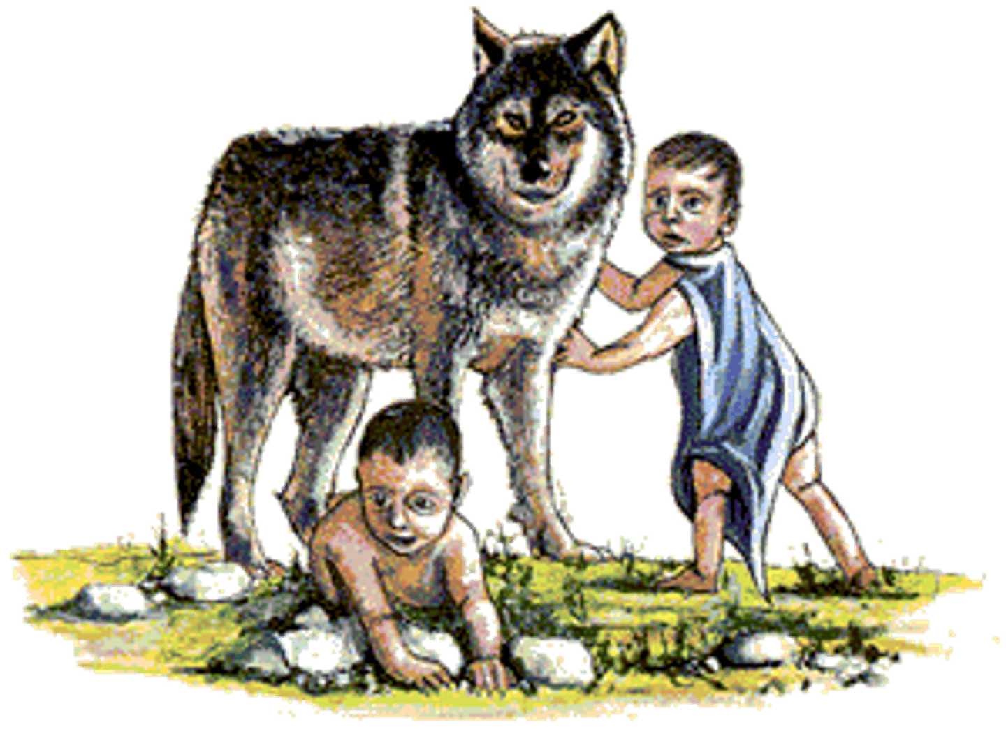 <p>Traditional story of how Rome began. Twins were abandoned and rescued by a she-wolf, Lupa, who nursed them. They were later found and raised by a shepherd, Faustulus. Grew to build Rome. Romulus later killed Remus.</p>