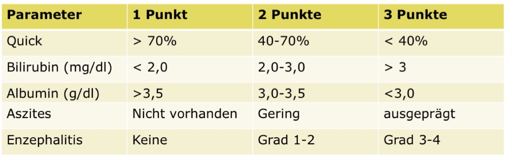 <p>Beschreibt wie weit eine Leberzirrhoe fortgeschritten ist. Es werden verschiedne Parameter beurteilt und Punkt verteilt. </p><p>Parameter:</p><ul><li><p>Bilirubin </p></li><li><p>Quick </p></li><li><p>Albumin </p></li><li><p>Aszites</p></li><li><p>Enzephalopathie </p></li></ul><p></p><p>Nach Punkte wird man eingeteilt in: </p><ul><li><p>Child A : 5 - 6 Punkte</p></li><li><p>Child B: 7 - 9 Punkte</p></li><li><p>Child C: 10 - 15 Punkte</p></li></ul><p>Je mehr punkto desto fortgeschrittener die Zirrhoe</p><p></p>