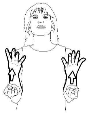 Start with both "S" hands in front
of your lower chest and then move
them up while opening your fingers