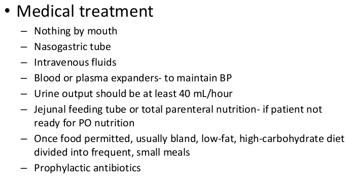 <ul><li><p>low fat & low sugar diet. enzymes w meals </p></li></ul><p></p>