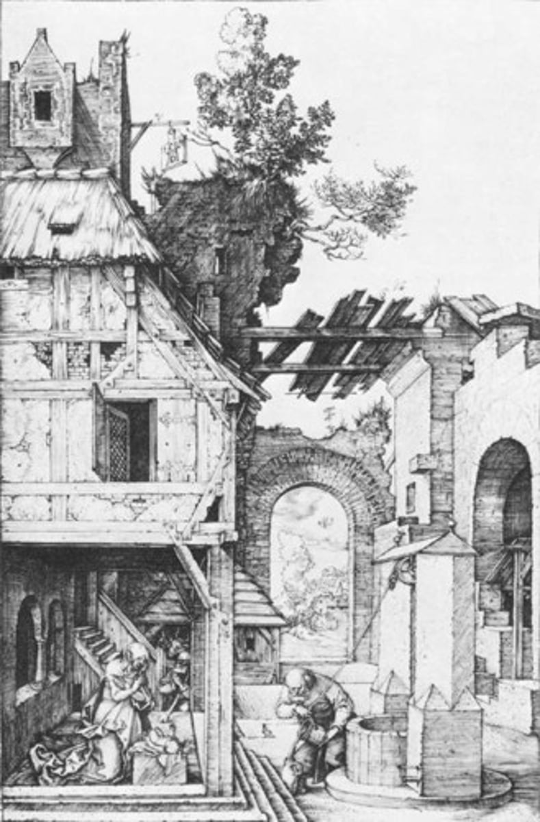 <p>Albrecht Durer, 1504 AD</p><p>7 in, making great art portable, small space with intricate/meaningful details, dilapidated buildings, linear perspective to look down at Jesus, first artist to use Florentine/Italian ideas</p>