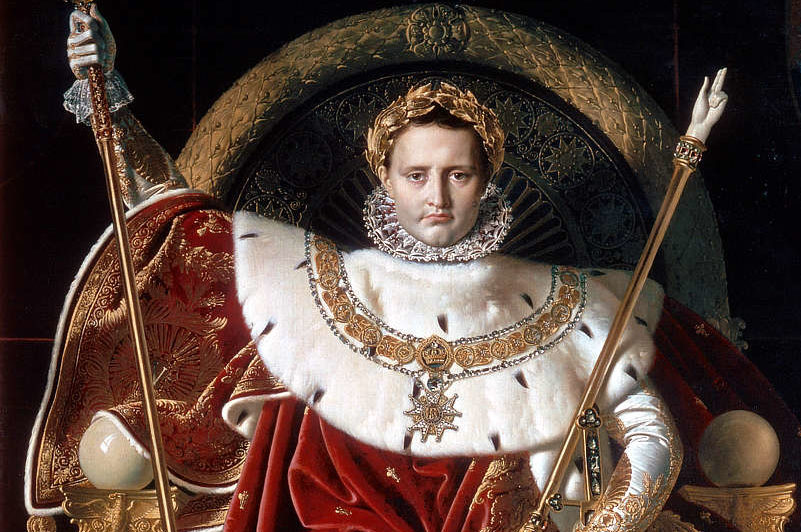 <p>Jean-Auguste-Dominique Ingres, Napoleon on his Imperial Throne, 1806 17</p><p><strong>The painting of Napoleon shown above portrays him as which of the following?</strong></p><p><strong>a) an imperial ruler</strong></p><p><strong>b) a ruthless military conqueror</strong></p><p><strong>c) a enlightened absolutist</strong></p><p><strong>d) a competent bureaucrat</strong></p>