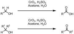 Jones Oxidation reaction that results in a C=O in the form of an aldehyde or, if H2O is present, a carboxylic acid (1°) or in the form of a ketone (2°)