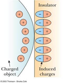 <p>the realignment of charge on the surface of an insulator, where the center of positive charge in neutral atoms or molecules may separate slightly in the presence of a charged object</p><p>Example: charged comb attracts bits of paper due to polarization of the paper</p>