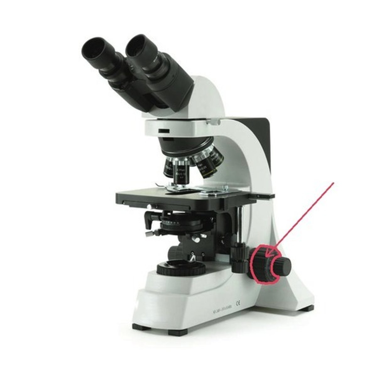 <p>(control knobs on either side of the microscope which move the stage up and down)</p><p>(use coarse adjustment with 4x and 10x)</p><p>(use fine adjustment with 40x and 100x)</p>
