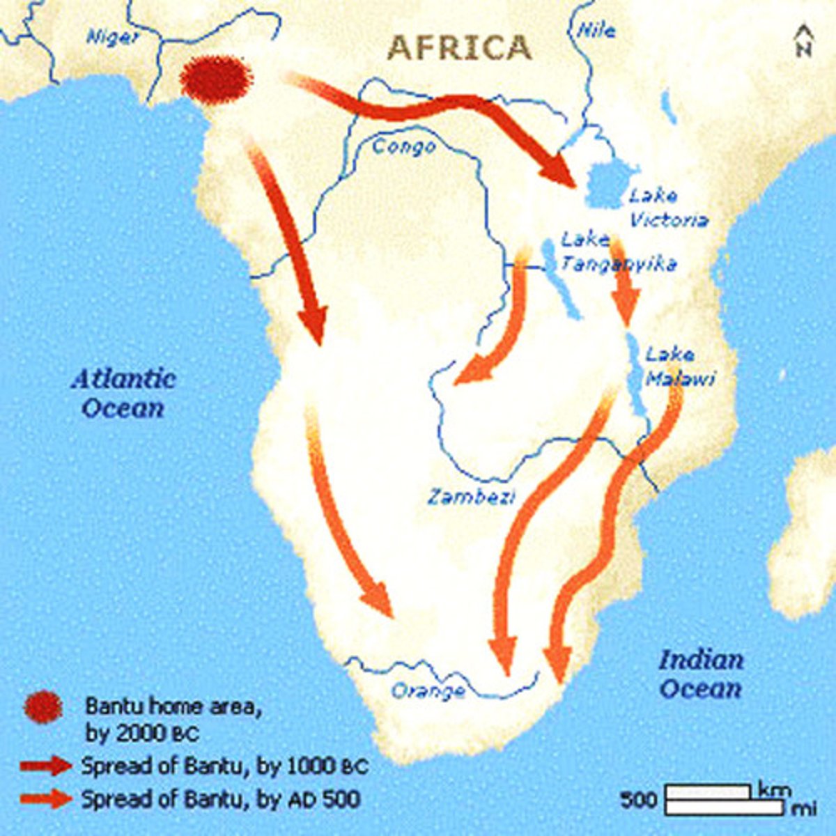 <p>(1500BCE to 500CE) As the Bantu people migrated, they spread the Bantu family of languages and culture. The Bantu also spread the use of iron, which improved farming techniques and agricultural efficiency, the greater food supply sparked economic development and population growth. The changes instigated by the Bantu migration increased the vitality of sub-Saharan Africa.</p>