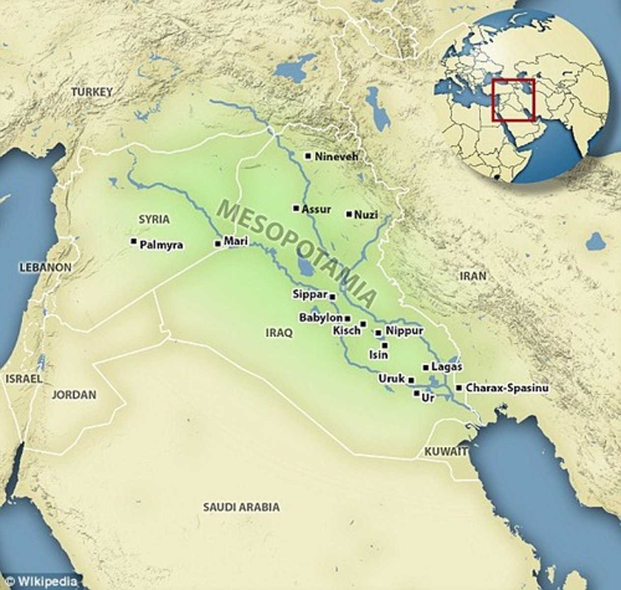 <p>Ur and Uruk in southern Mesopotamia.</p>