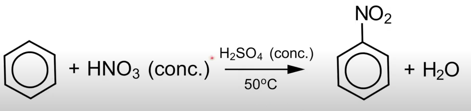 Benzene reacts with concentrated nitric acid and concentrated sulfuric acid to form nitrobenzene and water.