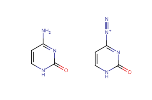 <p>A nitrosonium ion (NaNO2/HCl) reacts with a 1<span>° amine (NH) to form a diazonium salt (triple bond between two nitrogen)</span></p>