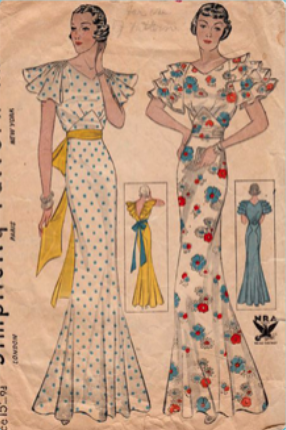 <p>popular 1930s formal gown, often featuring ties at the back, butterfly or puff sleeves, small trains, and fabric flowers at the shoulder or hip</p>