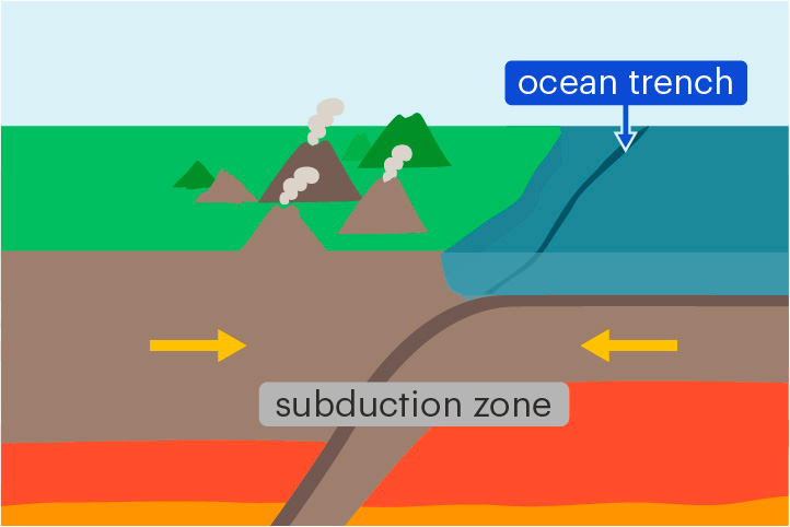 <p>A deep valley in the ocean floor formed at a convergent boundary</p><p>Ocean trenches form where one plate subducts beneath another.</p>