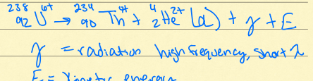 <p>lose a particle with 2 protons, 2 neutrons, and a +2 charge. U→Th + He (a) + j + E</p>