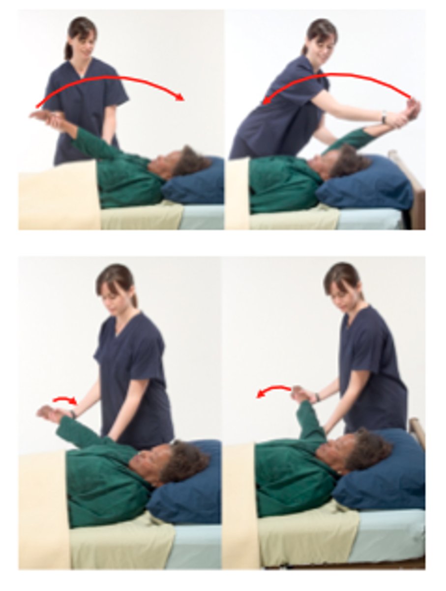 <p>Passive PROM</p><p>•Assessed second</p><p>•Can I move it?</p><p>⚬Quantity?</p><p>⚬What provokes pain?</p><p>•Clinician moves the patient through ROM</p><p>•Assessing the intra-articular barrier</p><p>•Only stressing the non-contractile structures since muscles are relaxed</p><p>•When the end of the available range is reached, pressure (overpressure) is applied in order to determine the end feel</p>